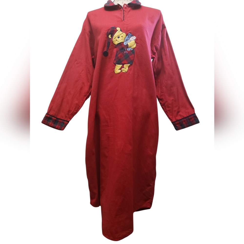 Disney Winnie the Pooh Eeyore Nightgown Medium Red Flannel Plaid Sleep Shirt
